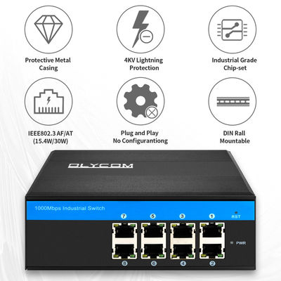 8 portów PoE Ethernet Switch Industrial Unmanaged Network 120W/240W DC48V IP40