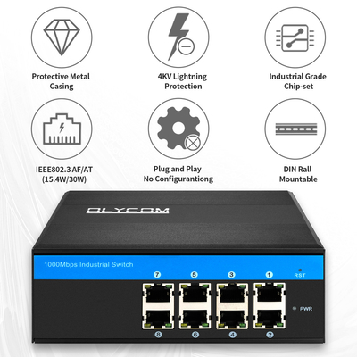 Gigabit Industrial Unmanaged PoE Media Converter 8 Port 120W 240W DC48V Wyjście