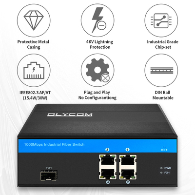 Gigabit 5 Port Ethernet POE Przełącznik światłowodowy 120W Budżetowy niezarządzany slot SFP przemysłowy