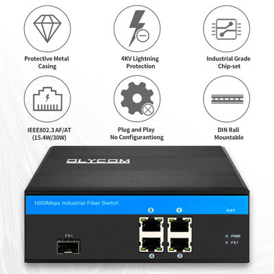 Przemysłowy 5-portowy gigabitowy przełącznik PoE z włóknem światłowodowym | Budżet mocy 120W Gniazdo SFP Niezarządzany