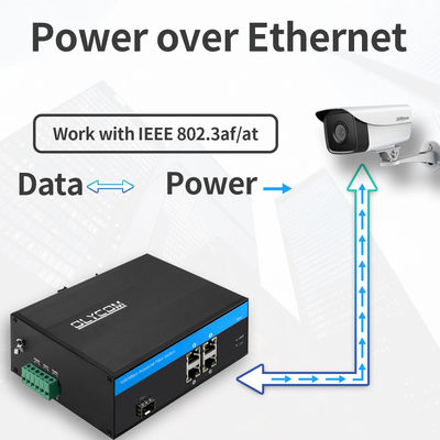 Przemysłowy 5-portowy gigabitowy przełącznik PoE z włóknem światłowodowym | Budżet mocy 120W Gniazdo SFP Niezarządzany