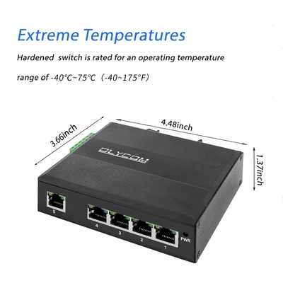 5-portowy przemysłowy niezarządzalny przełącznik Gigabit Ethernet na szynę DIN 5 portów Gigabit Ethernet IP40 -40° – 75°C (-40° – 167°F)