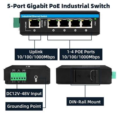 5 portów gigabitowy wzmacniacz napięcia 12-48VDC wejściowy przełącznik sieci przemysłowej poe