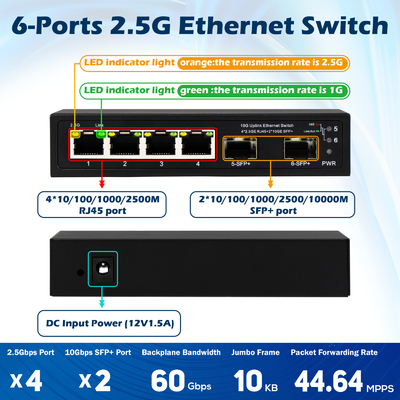 6 portów 10g przełącznik Ethernet światłowodowy 4* 2.5G RJ45 + 2* 10G SFP+ wsparcie OEM/ODM