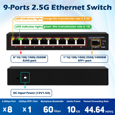 9 portów niezarządzane 2.5G Ethernet Switch z 10G Uplink SFP Port 60Gbps Backplane Bandwidth