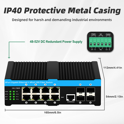 12 portów 10G L2/L3 Zarządzany przełącznik Poe+ 4*10G Sfp Porty DC48V Podwójne wejście zasilania 10g Przełącznik Poe