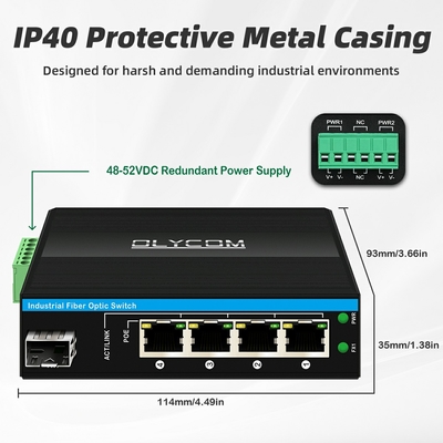 5 portów Przemysłowy przełącznik sieciowy Poe DC12/24/48V Wejście 1SFP+4RJ45 Gigabit Ethernet Switch