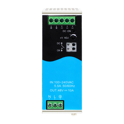 480W DIN Wyposażenie kolejowe 48V 10A szerokie wejście AC/DC z aktywnym PFC DC OK