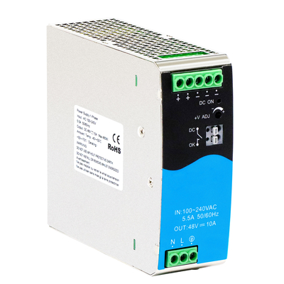 480W DIN Wyposażenie kolejowe 48V 10A szerokie wejście AC/DC z aktywnym PFC DC OK