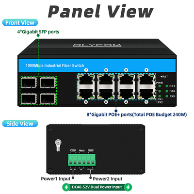 8 portów gigabitowy przełącznik poe Przemysłowy przełącznik ethernet 4SFP+8RJ45 DC48V Podwójne wejście zasilania