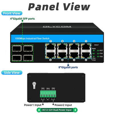 12 portów Przemysłowy przełącznik Ethernet Din Przełącznik sieciowy 4SFP+8RJ45 DC12-52V Podwójne zasilanie