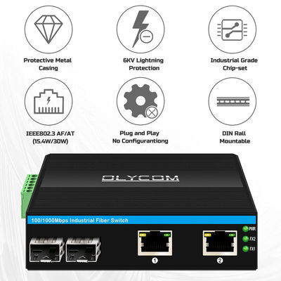 Przemysłowy przełącznik POE z 2 portami SFP + 2 portami RJ45 6KV ochroną przed przesileniami i zasilaczem DC48V do użytku zewnętrznego