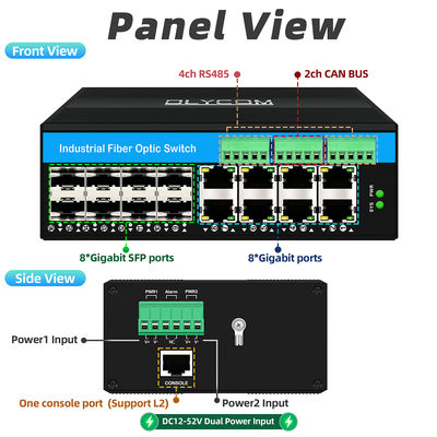 Zarządzalny przemysłowy przełącznik światłowodowy z magistralą CAN RS485 6 portów do trudnych warunków pracy, bez wentylatora, stopień ochrony IP40