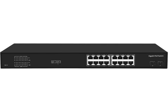 16 portów Gigabit PoE Switch 1G Fiber Uplinks Single AC Input 300W Budget CE Fanless
