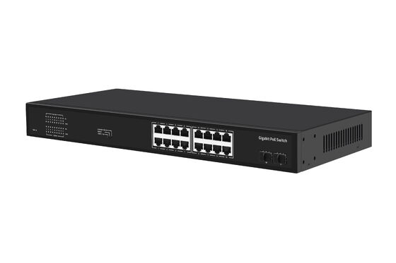 16 portów Gigabit PoE Switch 1G Fiber Uplinks Single AC Input 300W Budget CE Fanless