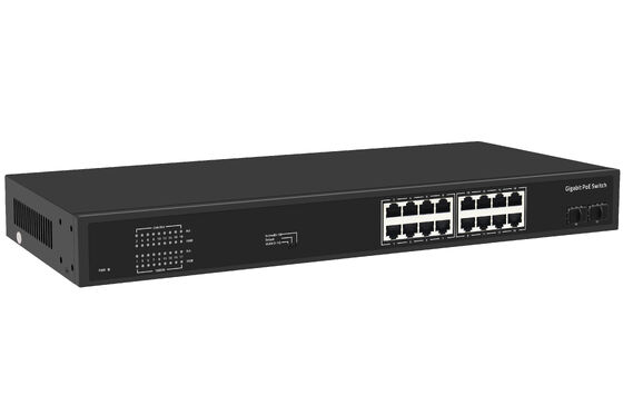 16 portów Gigabit PoE Switch 1G Fiber Uplinks Single AC Input 300W Budget CE Fanless