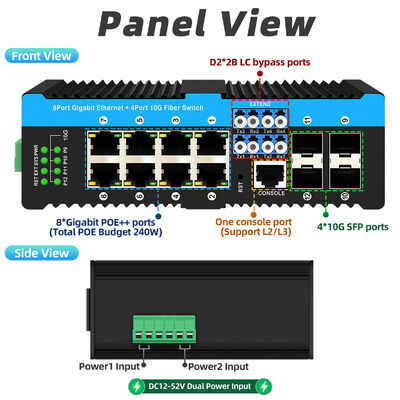 Przemysłowy przełącznik światłowodowy z 4 portami 10G SFP+ i 8 portami 10/100/1000Mbps PoE do trudnych warunków