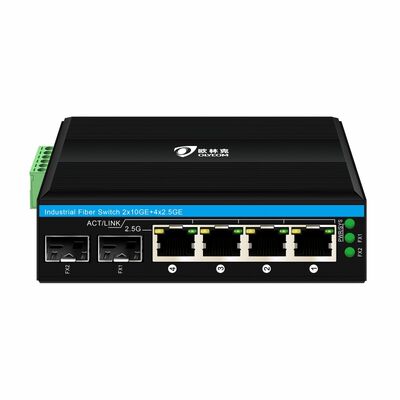 Przemysłowy przełącznik światłowodowy 2.5G PoE 4-portowy PoE+ z 2 portami SFP 10G Uplink na szynę DIN